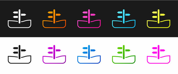 Set Road traffic sign. Signpost icon isolated on black and white background. Pointer symbol. Isolated street information sign. Direction sign. Vector