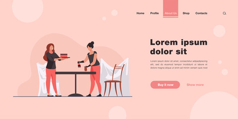 Two women cleaning table and room. Work, cooperation. Flat vector illustration. Cleaning service concept can be used for presentations, banner, website design, landing web page