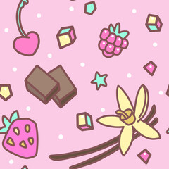 seamless pattern with the image of different flavors. color vector. vanilla, chocolate, sugar, berries, raspberries, strawberries, cherries on a pink background.