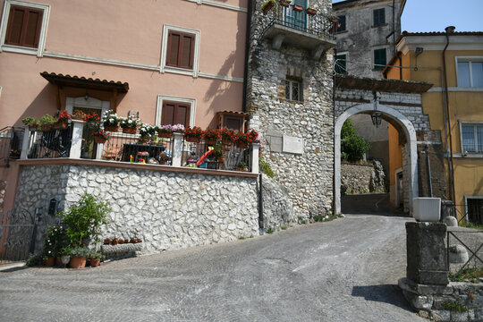 Ceccano, Italy, July 24, 2021. A street in the historic center of a medieval town in the Lazio region.