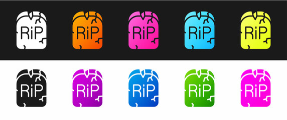 Set Tombstone with RIP written on it icon isolated on black and white background. Grave icon. Happy Halloween party. Vector
