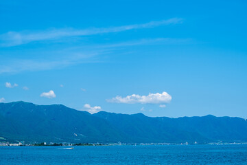 風景素材　真夏の琵琶湖と山と青空