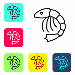 Black line Shrimp icon isolated on white background. Set icons in color square buttons. Vector