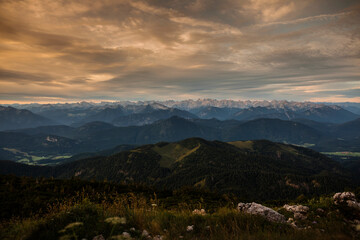 Sunrise panorama view at Benediktenwand mountain, Bavaria, Germany