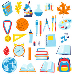 School and education items. Set of supplies and stationery.