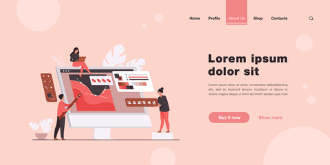 Digital designers team drawing with pen on computer monitor. Man and women working with graphic editor. Vector illustration for creative job or teamwork concept