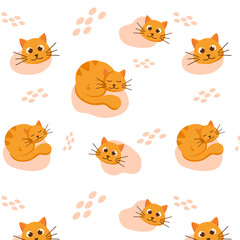 Seamless pattern. Head of orange cat. Cute ginger cat character in cartoon style. Sleeping baby cat. Vector illustration 8 eps