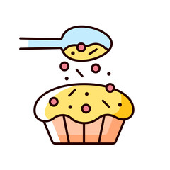 Sprinkle for baking RGB color icon. Pouring topping from spoon on cupcake. Dessert recipe. Cooking instruction. Food preparation process. Isolated vector illustration. Simple filled line drawing