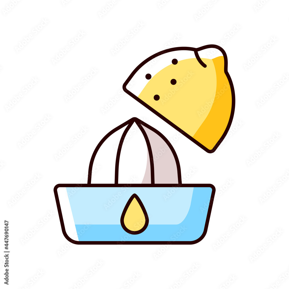 Sticker Squeeze lemon RGB color icon. Making fresh juice for diet drink. Fruit squeezer. Cooking instruction. Food preparation process. Isolated vector illustration. Simple filled line drawing