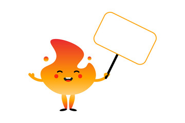 Cute and happy cartoon style fire, flame character holding blank sign, card, banner in hand.
