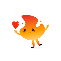 Cute smiling cartoon style fire, flame character holding in hand red heart. Love and kindness concept.
