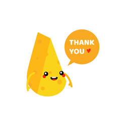 Cute smiling cartoon style cheese chunk, dairy product character with speech bubble saying thank you, showing appreciation, gratitude.