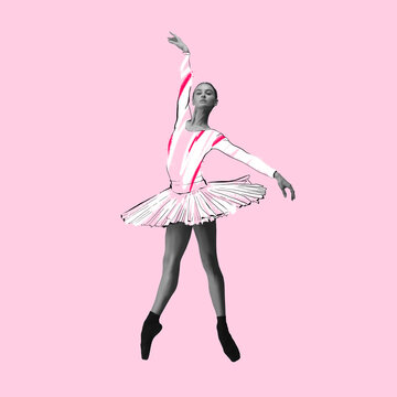 Young beautiful graceful ballerina in drawn dress, outfit or tutu isolated on pink background. Illustration, painting. Concept of beauty, grace and calssic ballet art