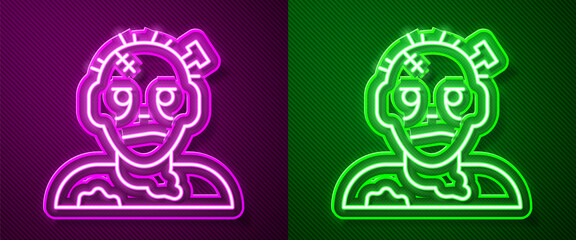 Glowing neon line Zombie mask icon isolated on purple and green background. Happy Halloween party. Vector