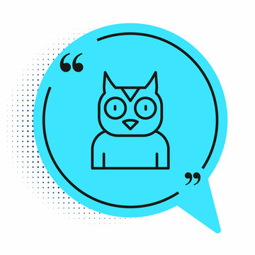 Black line Owl bird icon isolated on white background. Animal symbol. Blue speech bubble symbol. Vector
