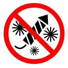 Fireworks and firecrackers are prohibited. Pyrotechnics prohibition sign. Ban on fireworks. Design in red and black. Flat image isolated on white background.  - obrazy, fototapety, plakaty