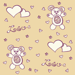pattern with cute mice and hearts. Love lettering. Print for children's clothing.