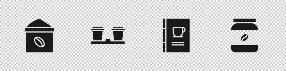 Set Bag of coffee beans, Coffee cup to go, book and jar bottle icon. Vector