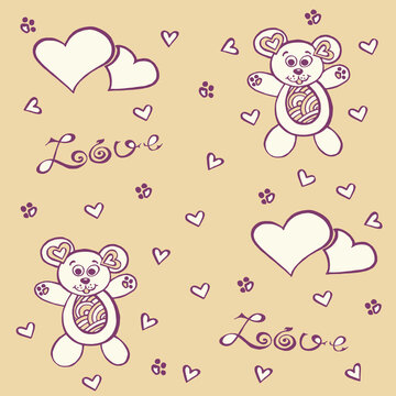 pattern with cute mice and hearts. Love lettering. Print for children's clothing.