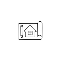 Architecture blueprint construction icon  in flat black line style, isolated on white background 