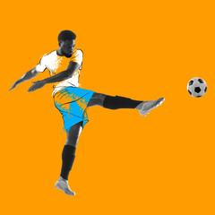 Fototapeta na wymiar Young man, soccer footbal player in drawn sports uniform isolated on yellow background. Illustration, painting. Concept of sport, game, action and modern art