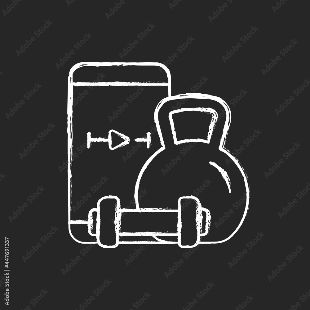 Poster online weightlifting exercises training chalk white icon on dark background. sence wellbeing improve