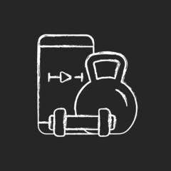 Online weightlifting exercises training chalk white icon on dark background. Sence wellbeing improvement, stamina and weight management. Isolated vector chalkboard illustration on black