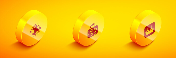 Set Isometric Worldwide, Suitcase and Lifeboat icon. Vector