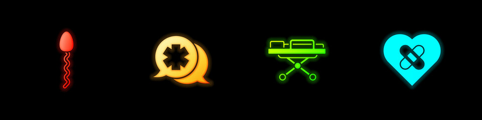 Set Sperm, Dialogue with the doctor, Stretcher and Healed broken heart icon. Vector