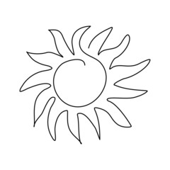 Sun in continuous line art style with editable stroke. Outline sunny weather icon. Vector illustration.