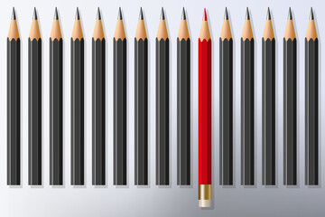 Concept de la performance, avec pour symbole, un crayon rouge équipé d’une gomme, qui sort du lot au milieu de plusieurs crayons noirs.