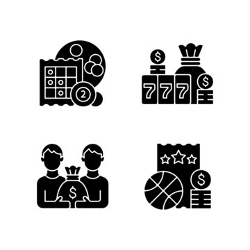 Participation in lottery black glyph icons set on white space. Bingo game. Winning large cash reward. Pari mutuel prize. Sports betting. Silhouette symbols. Vector isolated illustration