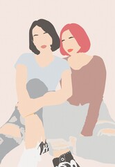 Minimal Illustrations woman faces, fashion concept, girls friends women beauty minimalist with geometric doodle Abstract elements pastel colors. One line continuous drawing. vector illustration