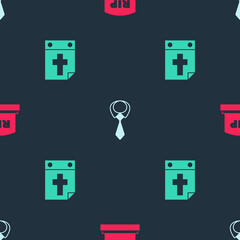 Fototapeta premium Set Tombstone with RIP written, Tie and Calendar death on seamless pattern. Vector