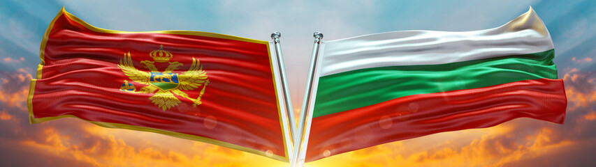 Montenegro Flag and Bulgaria flag waving with texture sky Cloud and sunset Double flag  