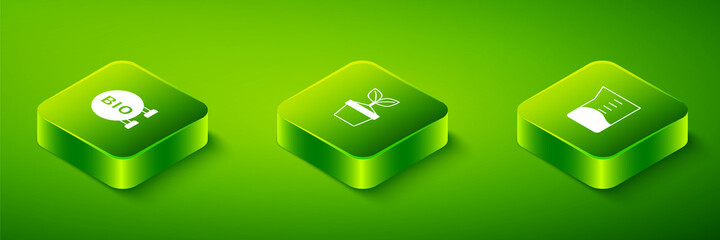 Set Isometric Plant in pot, Laboratory glassware or beaker and Bio healthy food icon. Vector