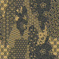 Japanese traditional style fabric patchwork  abstract floral vector seamless pattern 