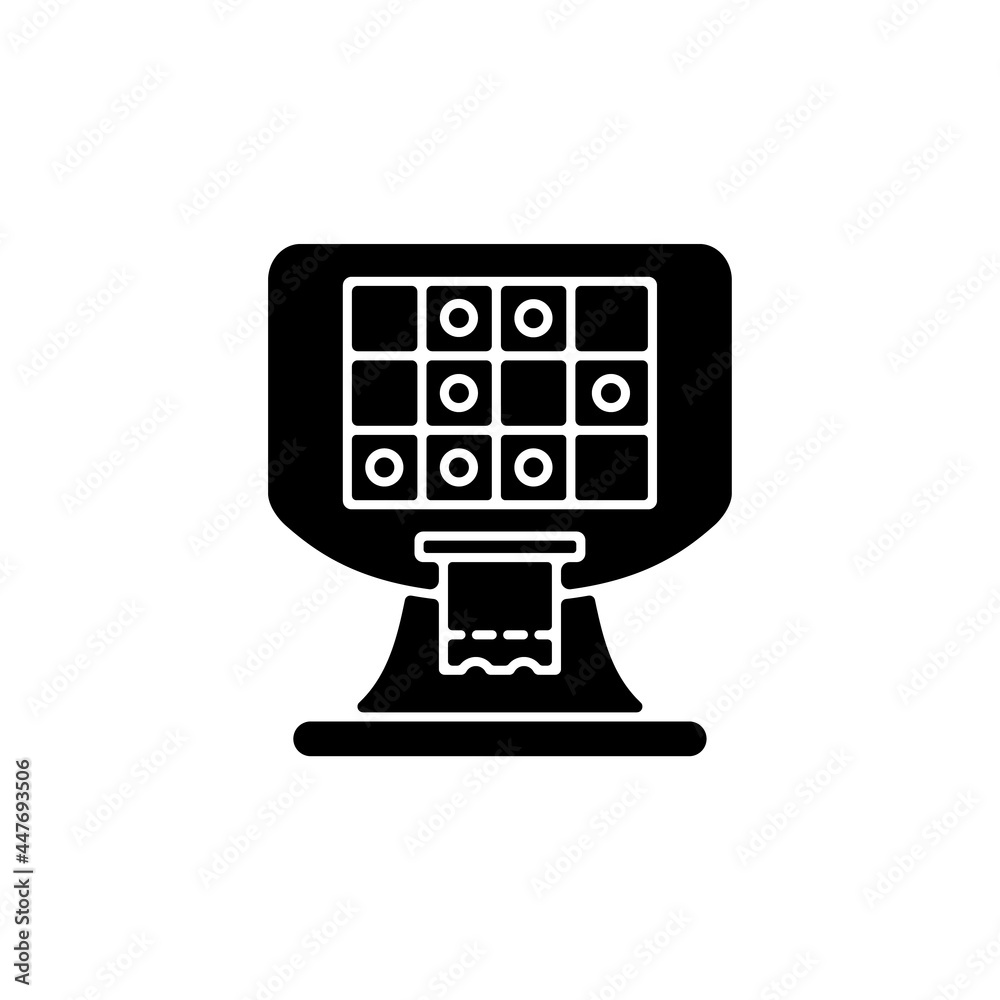 Poster Terminal based lottery game black glyph icon. Electronic gambling machine. Self-service video gaming terminal. Printing tickets. Silhouette symbol on white space. Vector isolated illustration