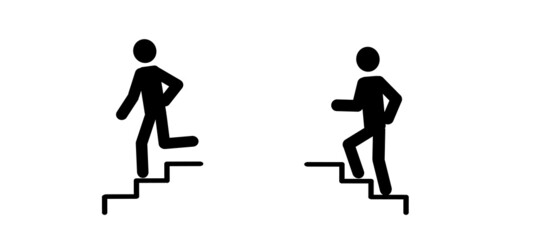 a person walks down and up the stairs, pictograms of people, a figure, a human silhouette, a set of icons isolated on a white background - obrazy, fototapety, plakaty