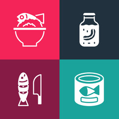 Set pop art Canned fish, Fish with sliced pieces, Sea cucumber in jar and Served on bowl icon. Vector