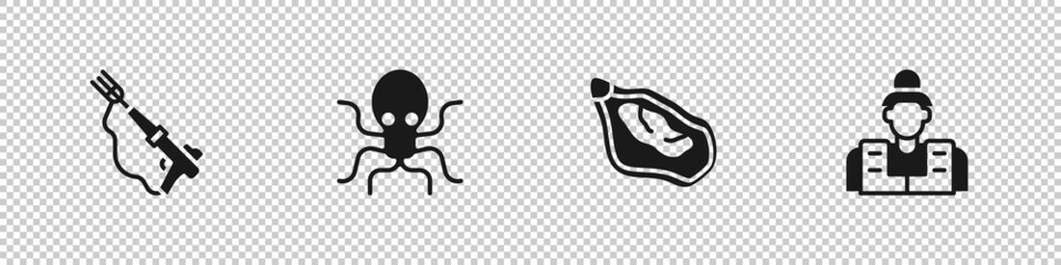 Set Fishing harpoon, Octopus, Mussel and Fisherman icon. Vector