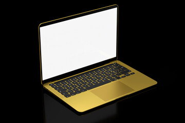 Realistic aluminum laptop with empty white screen isolated on black background.
