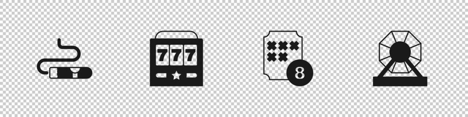 Set Cigar, Slot machine with jackpot, Lottery ball on bingo card and icon. Vector