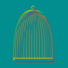Bird cage sign. Pseudo 3d embossed icon with citrine and persian red colors on dark cyan background. Illustration.