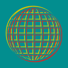 Earth Globe sign. Pseudo 3d embossed icon with citrine and persian red colors on dark cyan background. Illustration.
