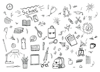 Doodle icons set. Business subjects and schools. Back to school with hand drawn school supplies - big set. Doodle and school items collection. Education concept. 