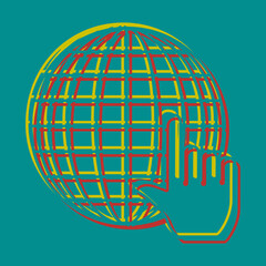 Earth Globe with cursor. Pseudo 3d embossed icon with citrine and persian red colors on dark cyan background. Illustration.