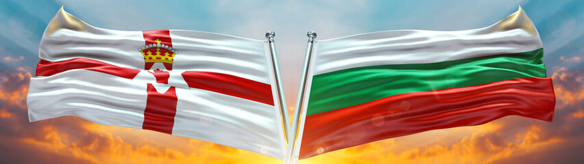 Northern Ireland Flag and Bulgaria flag waving with texture sky Cloud and sunset Double flag