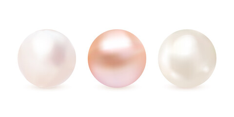 Pearl set isolated on transparent background. Spherical beautiful 3D orb with transparent glares and highlights. Jewel gems. Vector.