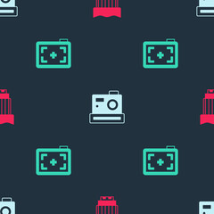 Set Camera photo lens, Photo camera and on seamless pattern. Vector